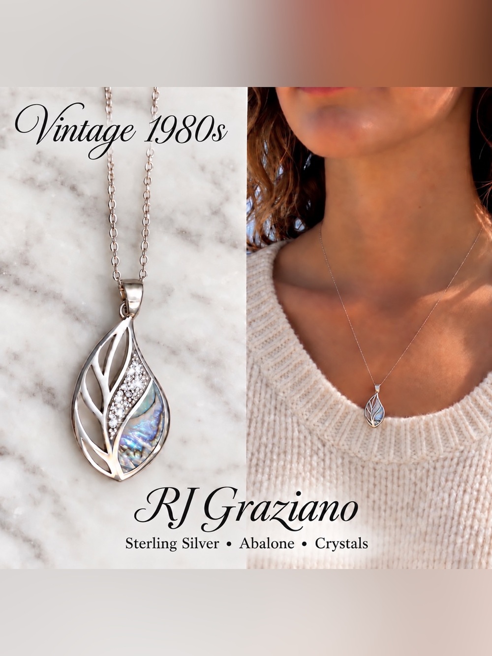 RJ Graziano VINTAGE 925 18”Necklace with Abalone, Crystal & Openwork Leaf Charm